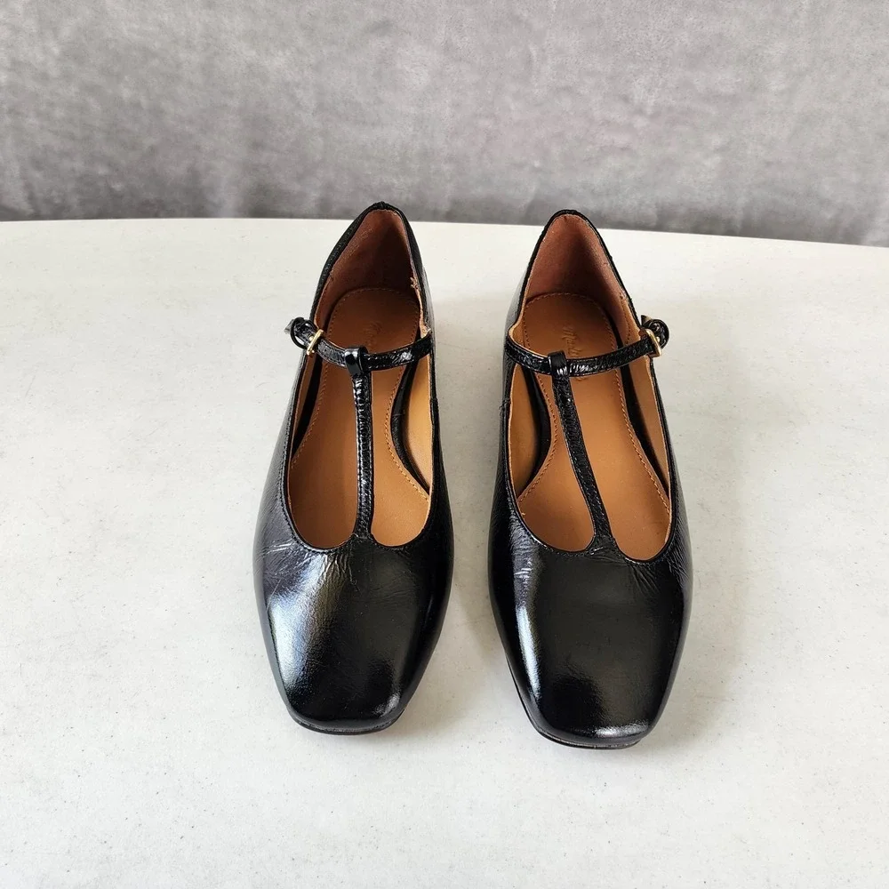 Madewell Mylie Flats Womens Size 5 Black Leather Buckle Square Toe Shoes T-Strap